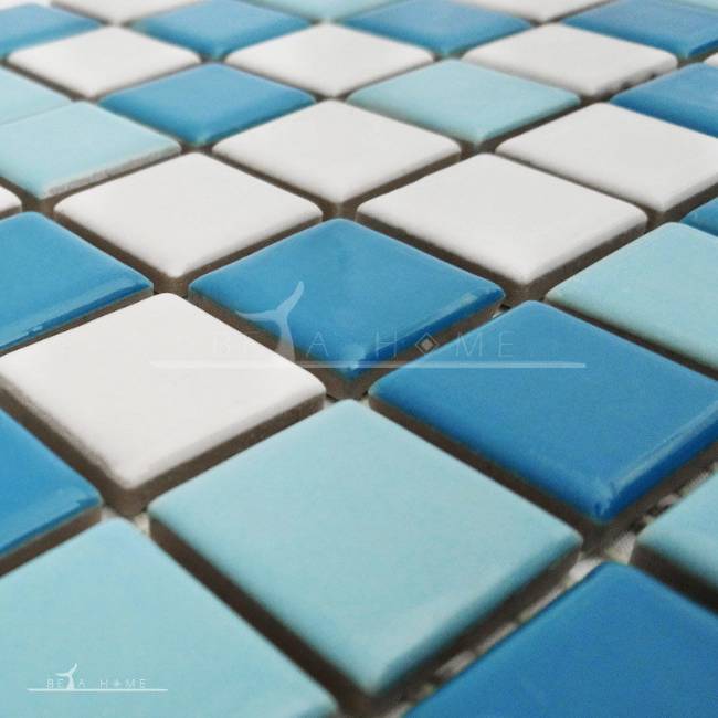 Bright mosaic tile mix blue and white perspective