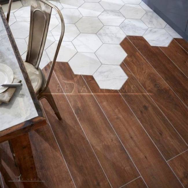 Alder brown wood look tiles with palermo marble effect hexgaon tiles