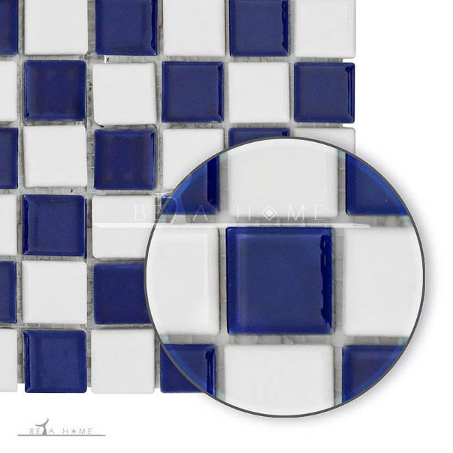 Navy and white check pattern porcelain mosaic detail