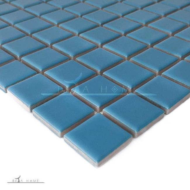 Bright blue glazed porcelain mosaic tiles perspective
