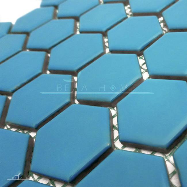 Bright blue hexagonal glazed porcelain mosaic tiles