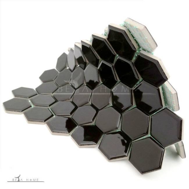 Black hexagon mosaic glazed porcelain tiles on easy install backing mesh