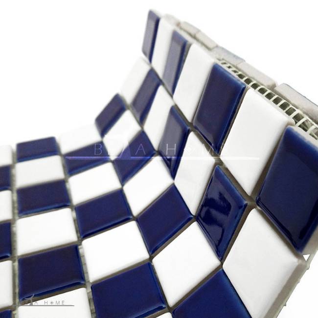Navy and white check pattern porcelain mosaic on mesh