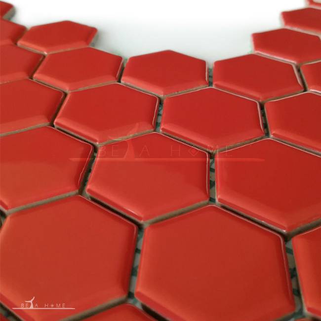 Red Hexagon mosaic tiles perspective