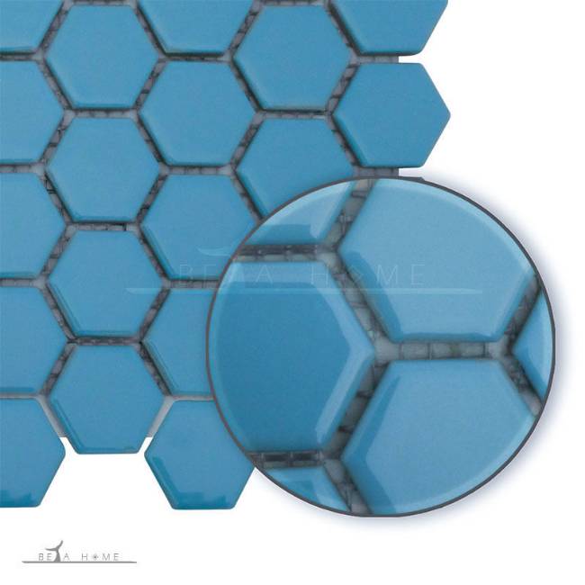 Artema ceramic bright blue hexagon mosaic tiles detail