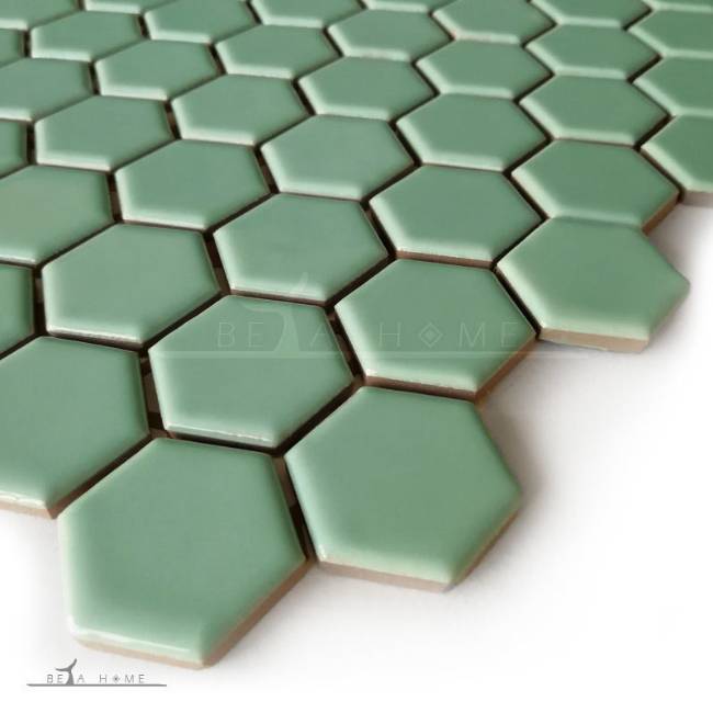Light green hexagon mosaic porcelain tile detail