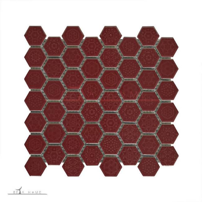 Artema ceramic maroon glazed pattern textured hexagon mosaic tiles