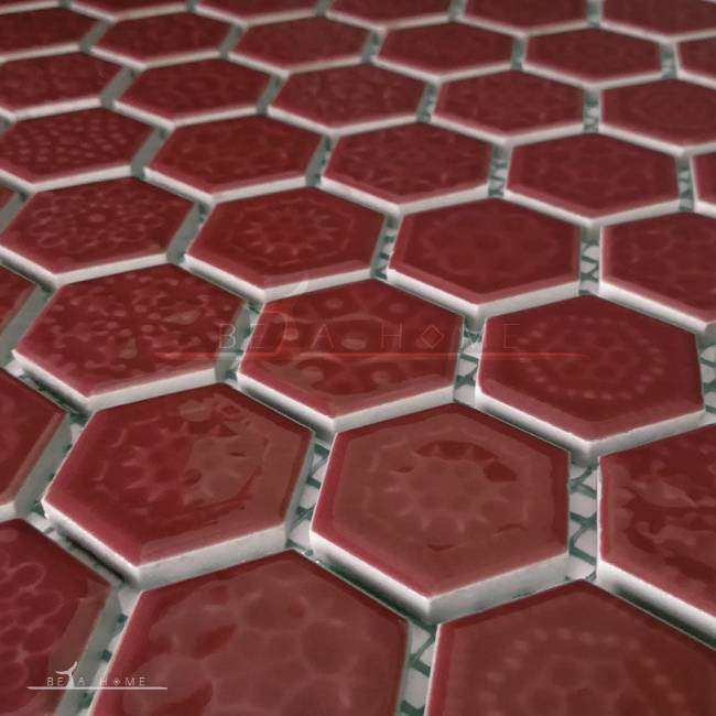 Artema ceramic maroon glazed pattern textured hexagon mosaic tiles detail
