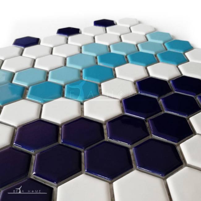 Artema ceramic hexagon mosaic tile blue wave mix on easy mount backing mesh