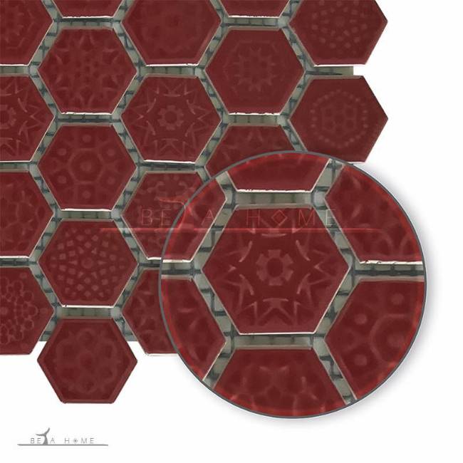 Red brown glazed pattern textured hexagon mosaic tiles