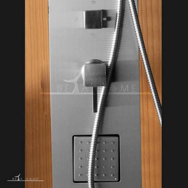 wood and steel shower tower panel details