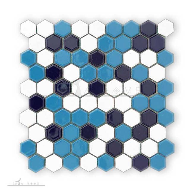 Blue and white hexagon mosaic tiles