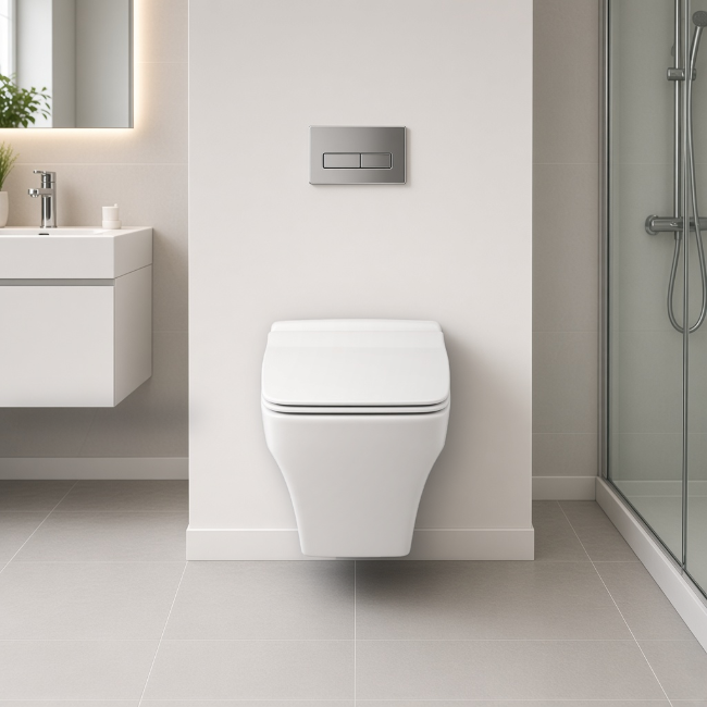 Katia wall-mount toilet in a modern bathroom, front view