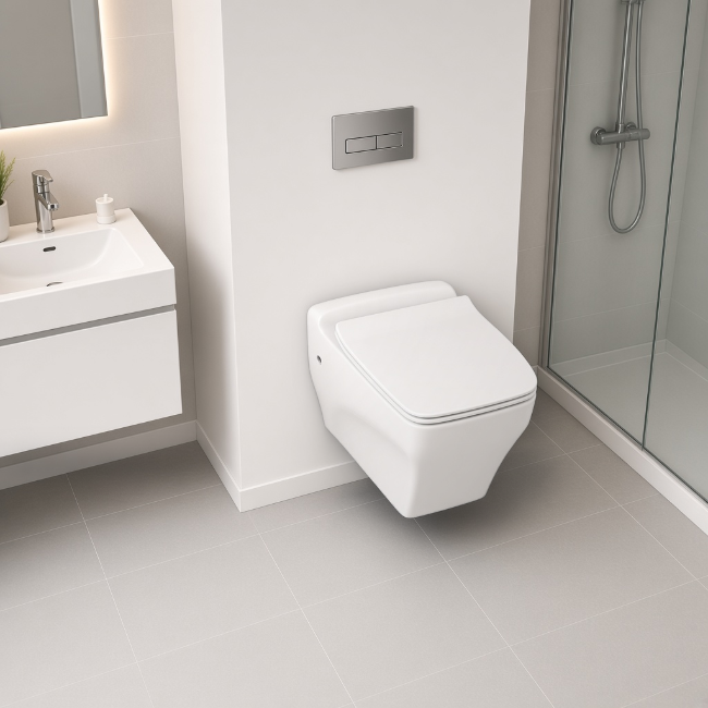 Katia wall-mount toilet in a modern bathroom, raised view
