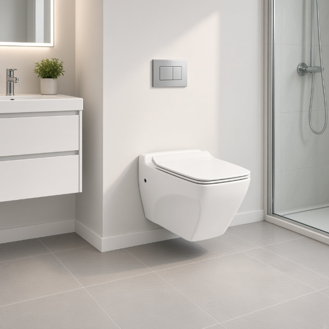 Katia wall-mount toilet in a modern bathroom, front-left view