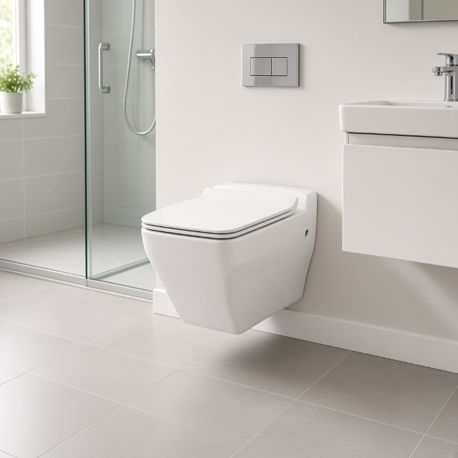 Katia wall-mount toilet in a modern bathroom, front-right view