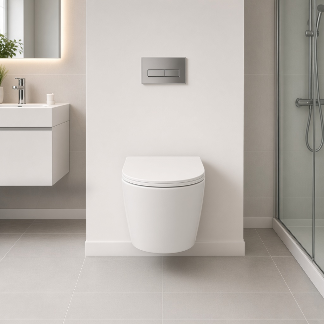 White Despina wall-mount toilet in a modern bathroom, front view