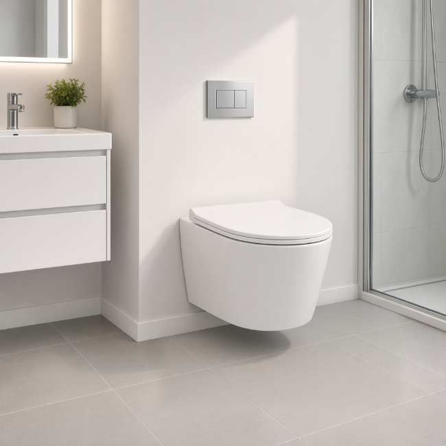White Despina wall-mount toilet in a modern bathroom, front-left view