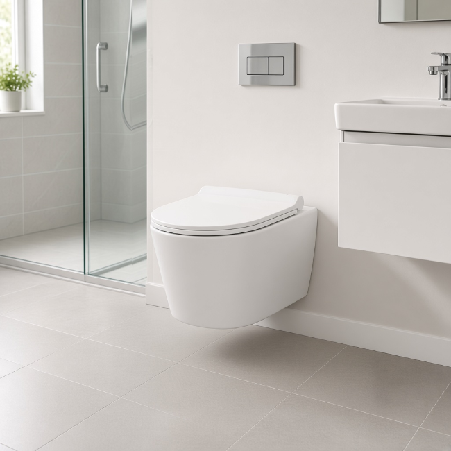 White Despina wall-mount toilet in a modern bathroom, front-right view