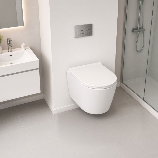 White Despina wall-mount toilet in a modern bathroom, raised view