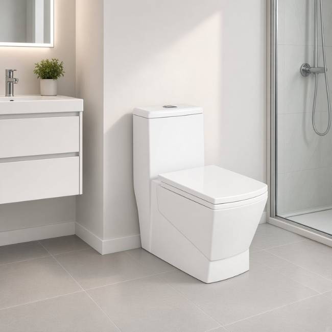 White Mega Modern Square toilet in a modern bathroom, front-left view