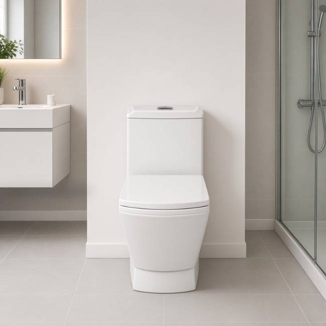 White Mega Modern Square toilet in a modern bathroom, front view