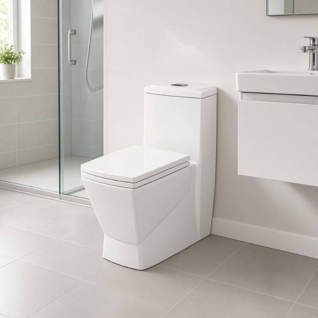 White Mega Modern Square toilet in a modern bathroom, front-right view