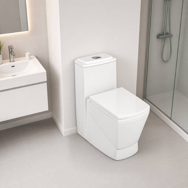 White Mega Modern Square toilet in a modern bathroom, raised view