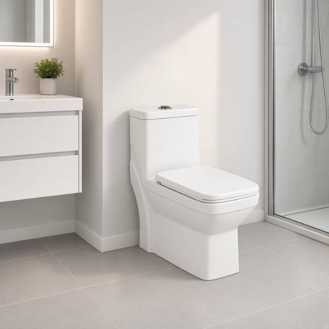 Yaris toilet in a modern bathroom, front-left view