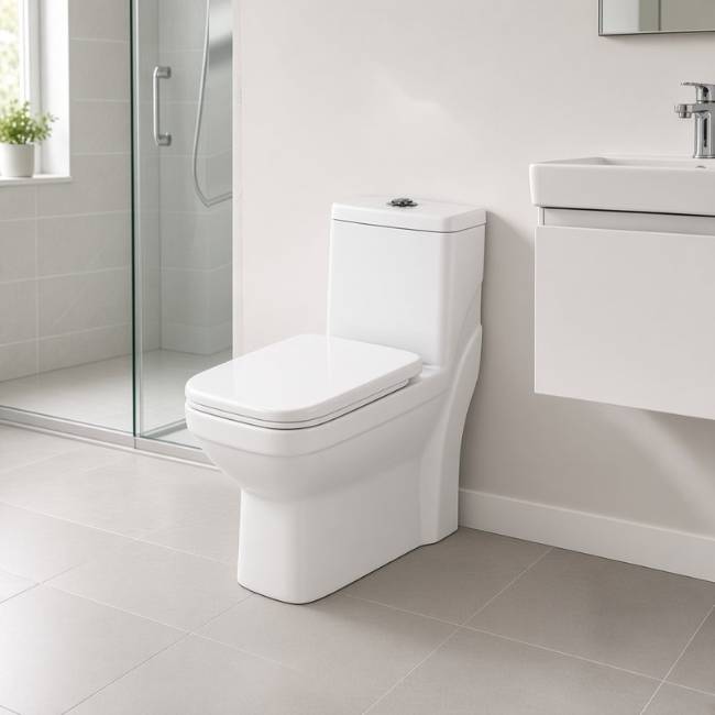 Yaris toilet in a modern bathroom, front-right view