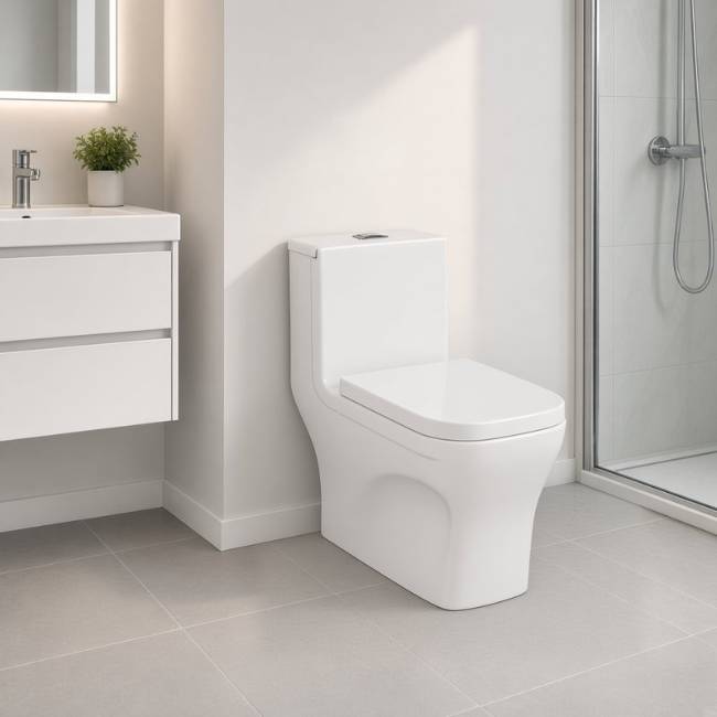 Katia toilet with bidet in a modern bathroom, front-left view
