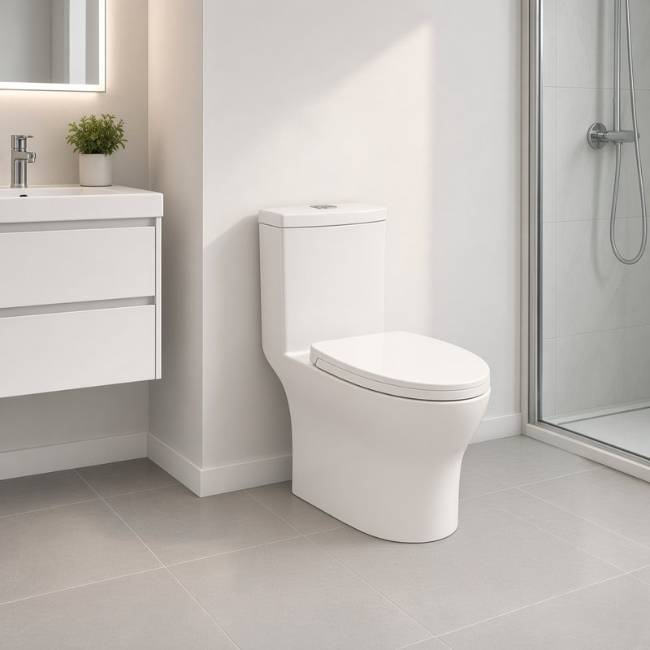 White Santa Morvarid toilet in a modern bathroom, front-left view