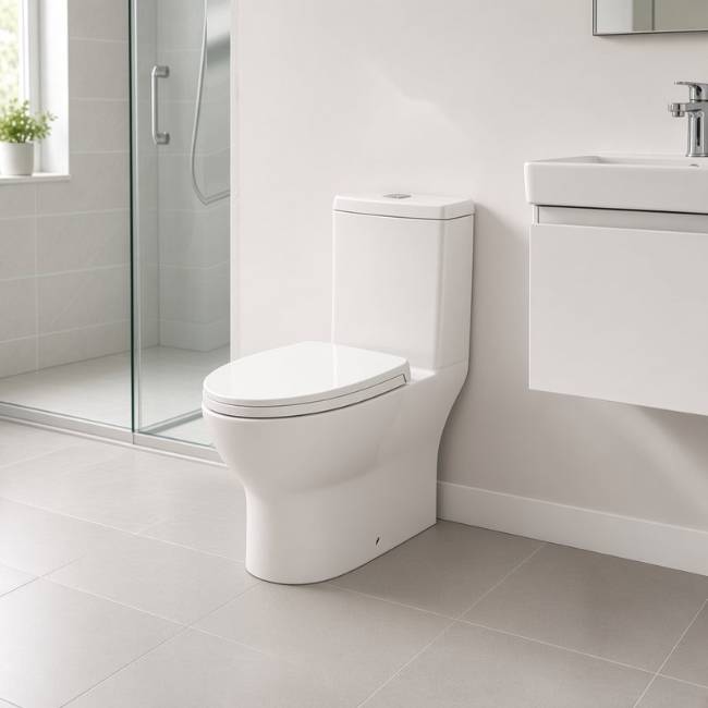 White Santa Morvarid toilet in a modern bathroom, front-right view