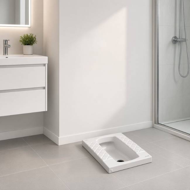 Crown Deep squat toilet in a modern bathroom, front-left view