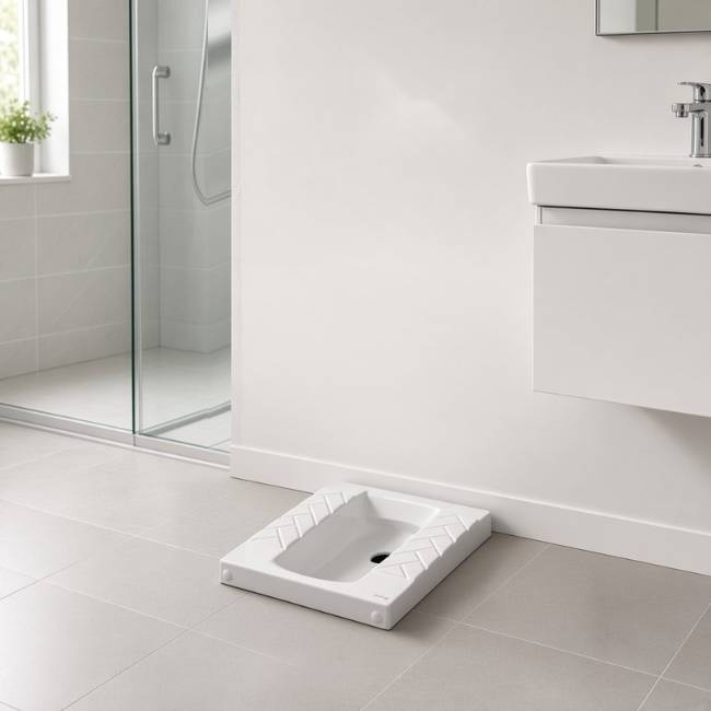 Crown Deep squat toilet in a modern bathroom, front-right view