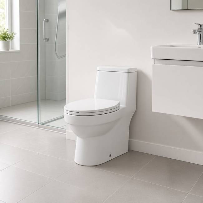 Tania Compact toilet in a modern bathroom, front-right view