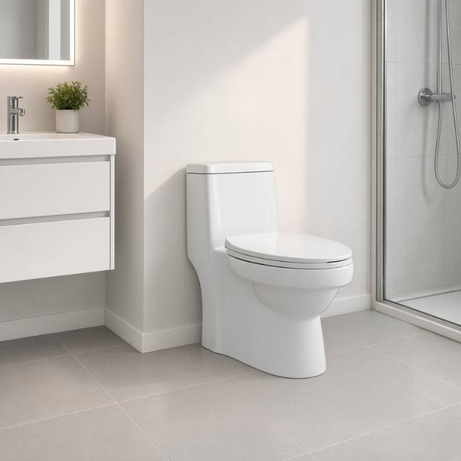 Tania Compact toilet in a modern bathroom, front-left view