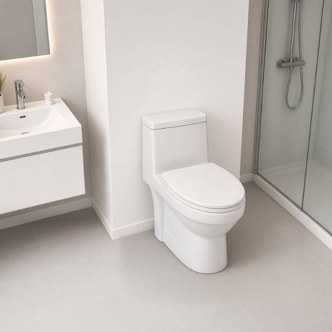 Tania Compact toilet in a modern bathroom, raised view