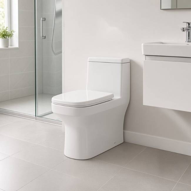 Volga toilet in a modern bathroom, front-right view