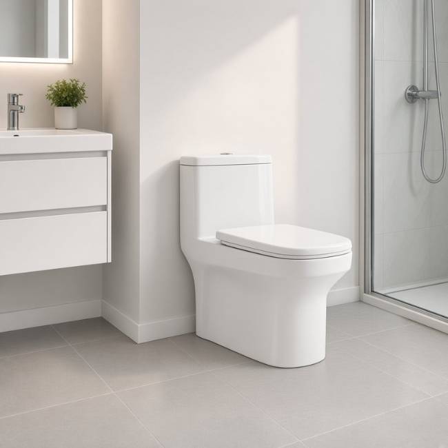 Volga toilet in a modern bathroom, front-left view