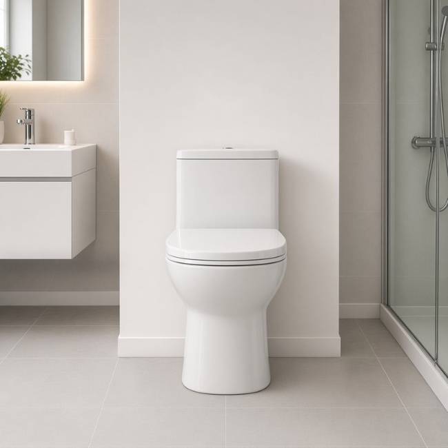 Volga toilet in a modern bathroom, front view