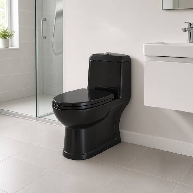 Black Verona toilet in a modern bathroom, front-right view