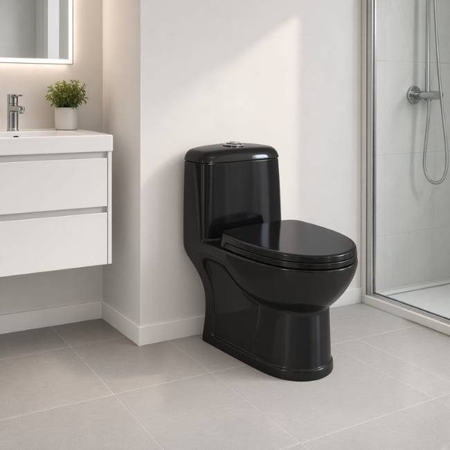 Black Verona toilet in a modern bathroom, front-left view