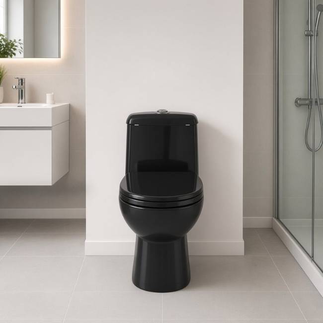 Black Verona toilet in a modern bathroom, front view