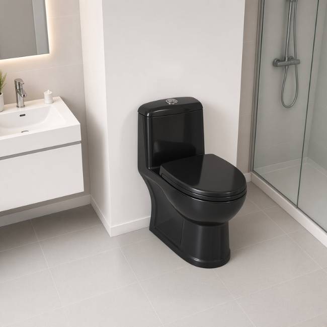 Black Verona toilet in a modern bathroom, raised view