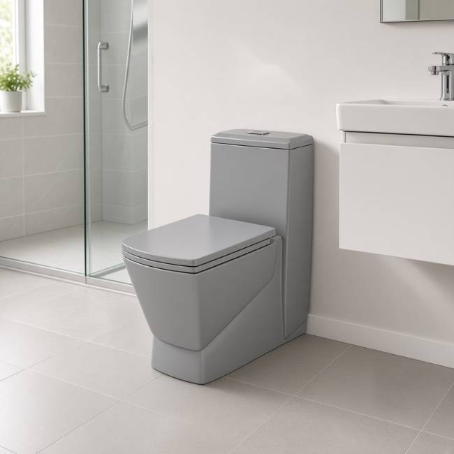 Gray Mega Morvarid Square toilet in a modern bathroom, front-right view