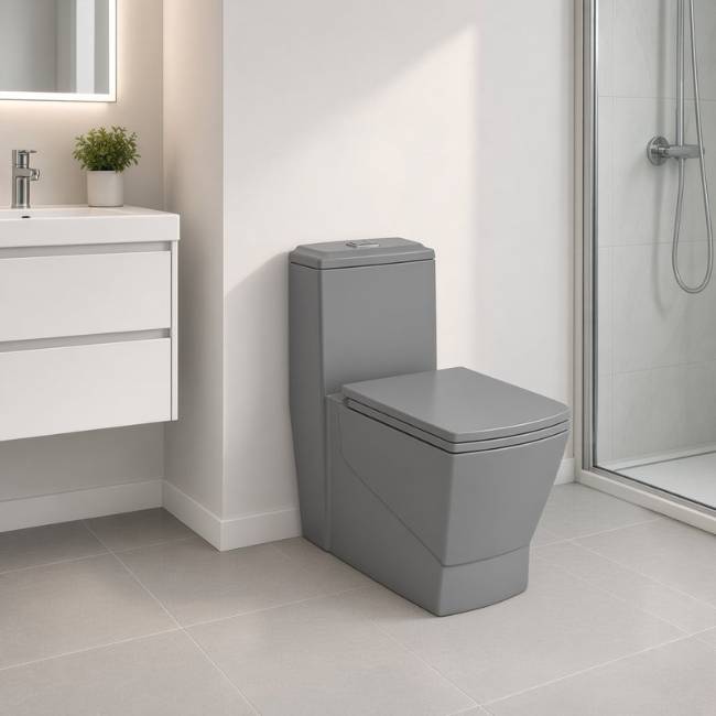 Gray Mega Morvarid Square toilet in a modern bathroom, front-left view