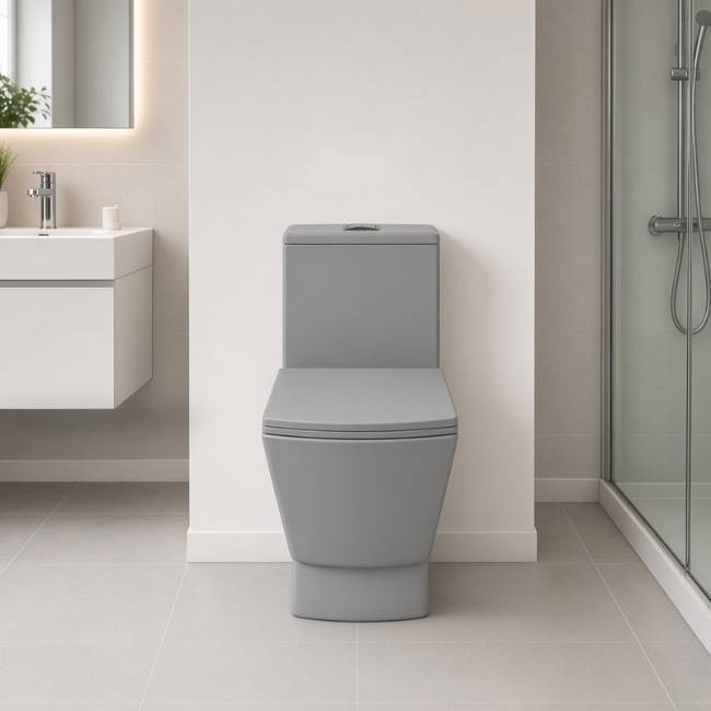 Gray Mega Morvarid Square toilet in a modern bathroom, front view