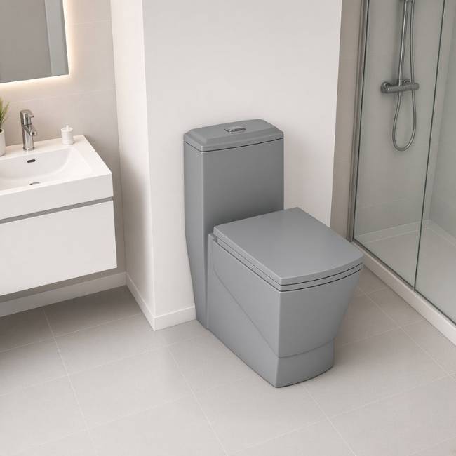 Gray Mega Morvarid Square toilet in a modern bathroom, raised view