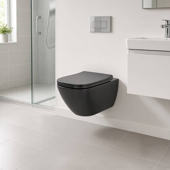 Black Capris wall-mount toilet in a modern bathroom, front-right view